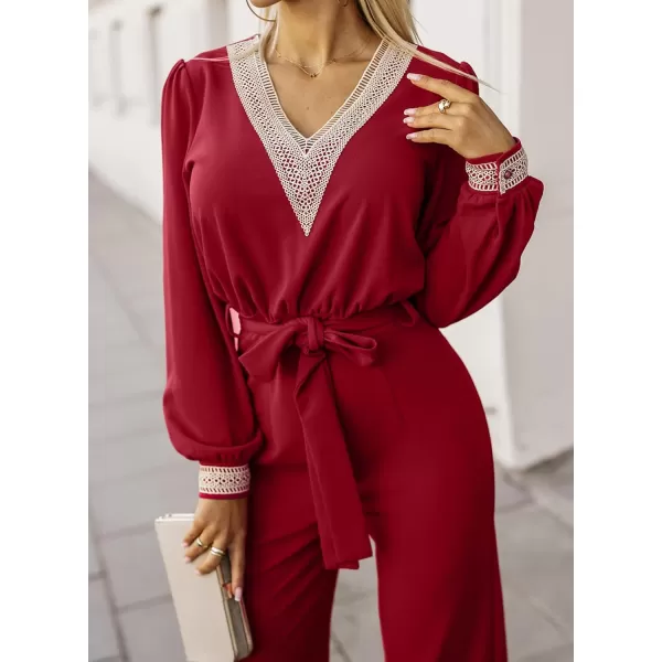 Happy Sailed Womens Jumpsuits Fashion Lace V Neck Long Sleeve Wide Leg Pants Romper with Belt