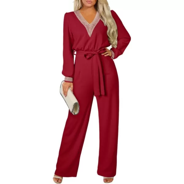 Happy Sailed Womens Jumpsuits Fashion Lace V Neck Long Sleeve Wide Leg Pants Romper with Belt