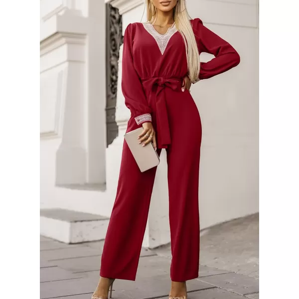 Happy Sailed Womens Jumpsuits Fashion Lace V Neck Long Sleeve Wide Leg Pants Romper with Belt