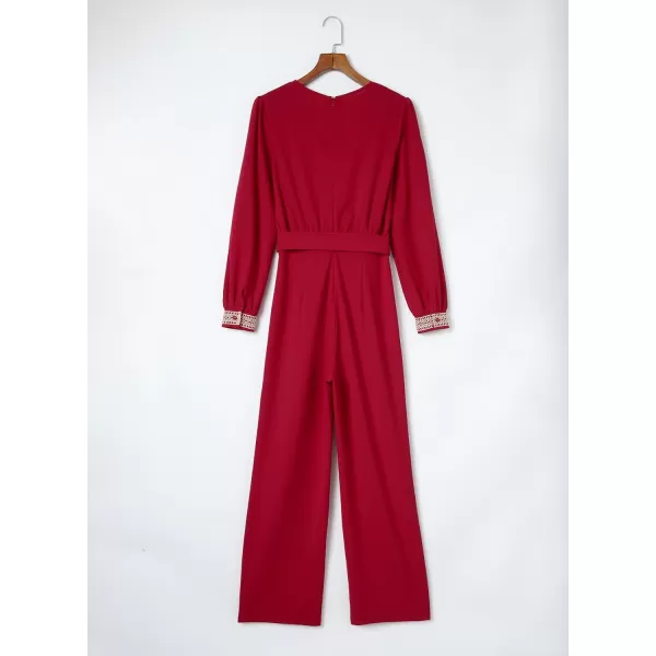 Happy Sailed Womens Jumpsuits Fashion Lace V Neck Long Sleeve Wide Leg Pants Romper with Belt