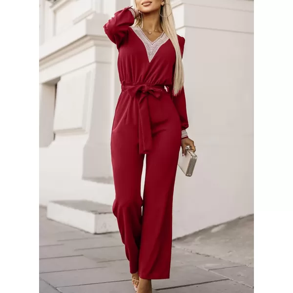 Happy Sailed Womens Jumpsuits Fashion Lace V Neck Long Sleeve Wide Leg Pants Romper with Belt