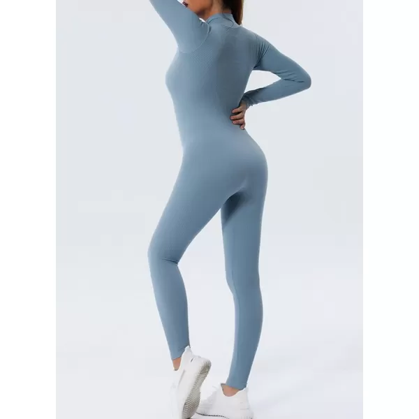Happy Sailed Women's Jumpsuits Ribbed One Piece Workout Rompers Long Sleeve Front Zipper Bodycon Yoga Romper for Exercise