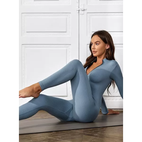 Happy Sailed Women's Jumpsuits Ribbed One Piece Workout Rompers Long Sleeve Front Zipper Bodycon Yoga Romper for Exercise