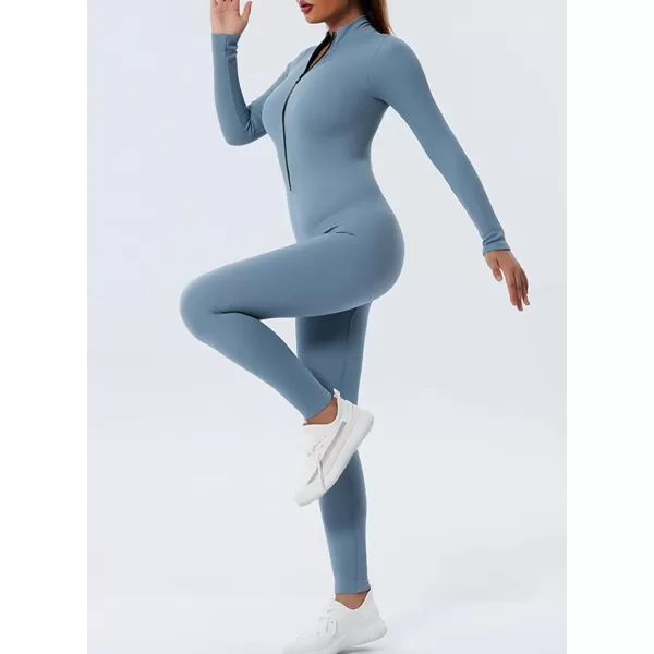 Happy Sailed Women's Jumpsuits Ribbed One Piece Workout Rompers Long Sleeve Front Zipper Bodycon Yoga Romper for Exercise