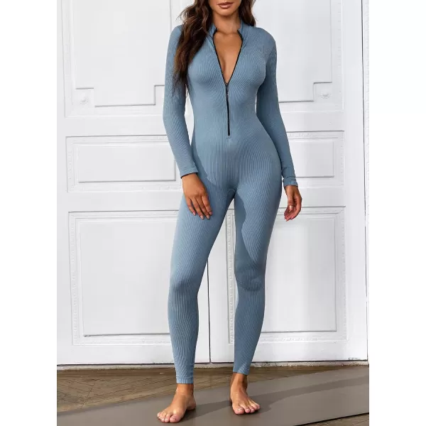 Happy Sailed Women's Jumpsuits Ribbed One Piece Workout Rompers Long Sleeve Front Zipper Bodycon Yoga Romper for Exercise