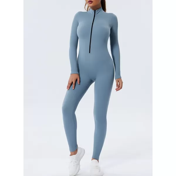 Happy Sailed Women's Jumpsuits Ribbed One Piece Workout Rompers Long Sleeve Front Zipper Bodycon Yoga Romper for Exercise
