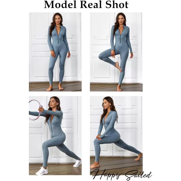 Happy Sailed Women's Jumpsuits Ribbed One Piece Workout Rompers Long Sleeve Front Zipper Bodycon Yoga Romper for Exercise