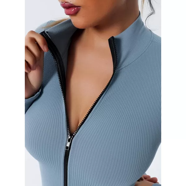 Happy Sailed Women's Jumpsuits Ribbed One Piece Workout Rompers Long Sleeve Front Zipper Bodycon Yoga Romper for Exercise