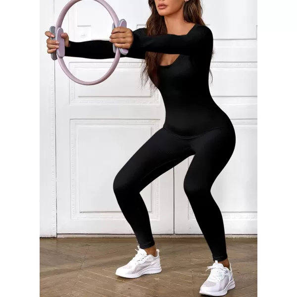 Happy Sailed Women's Jumpsuits Ribbed One Piece Workout Rompers Long Sleeve Front Zipper Bodycon Yoga Romper for Exercise
