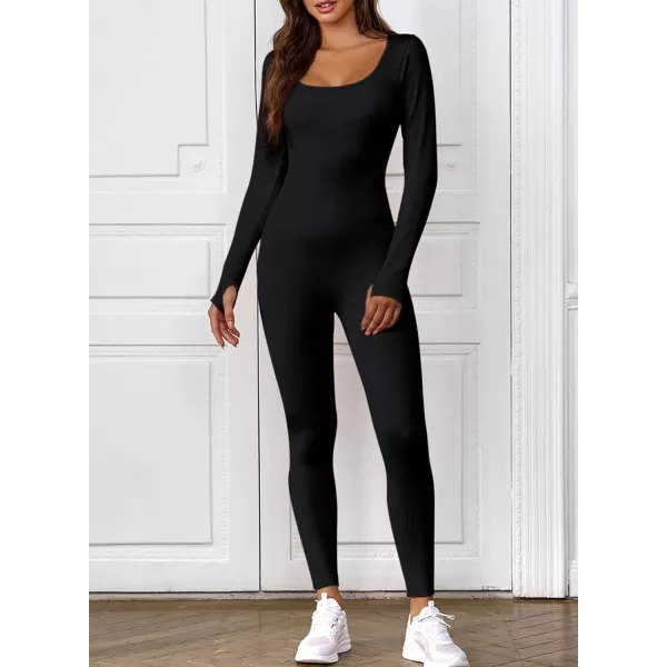 Happy Sailed Women's Jumpsuits Ribbed One Piece Workout Rompers Long Sleeve Front Zipper Bodycon Yoga Romper for Exercise