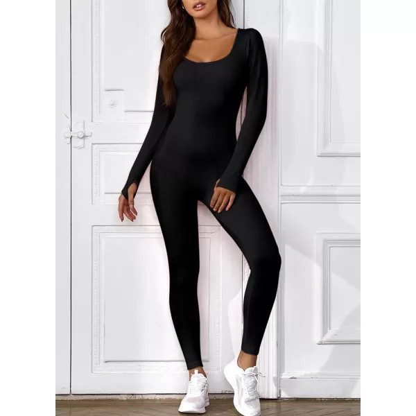Happy Sailed Women's Jumpsuits Ribbed One Piece Workout Rompers Long Sleeve Front Zipper Bodycon Yoga Romper for Exercise