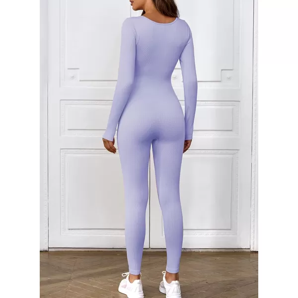 Happy Sailed Women's Jumpsuits Ribbed One Piece Workout Rompers Long Sleeve Front Zipper Bodycon Yoga Romper for Exercise