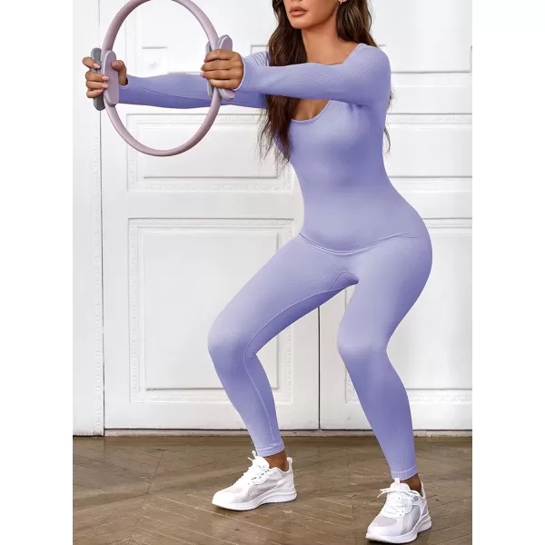 Happy Sailed Women's Jumpsuits Ribbed One Piece Workout Rompers Long Sleeve Front Zipper Bodycon Yoga Romper for Exercise