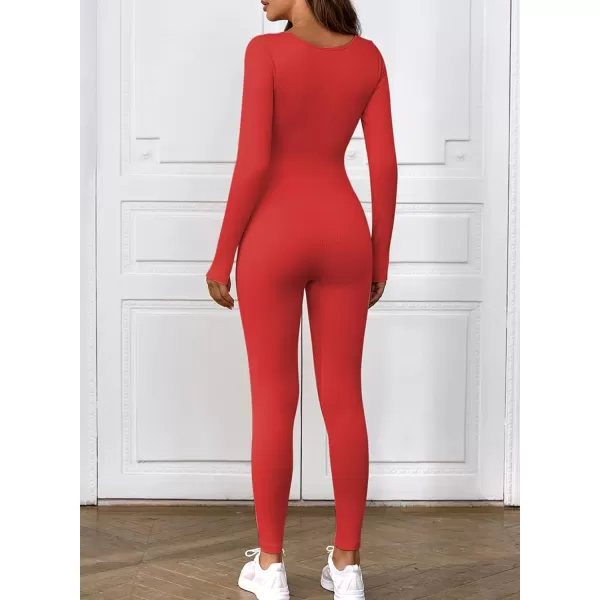 Happy Sailed Women's Jumpsuits Ribbed One Piece Workout Rompers Long Sleeve Front Zipper Bodycon Yoga Romper for Exercise