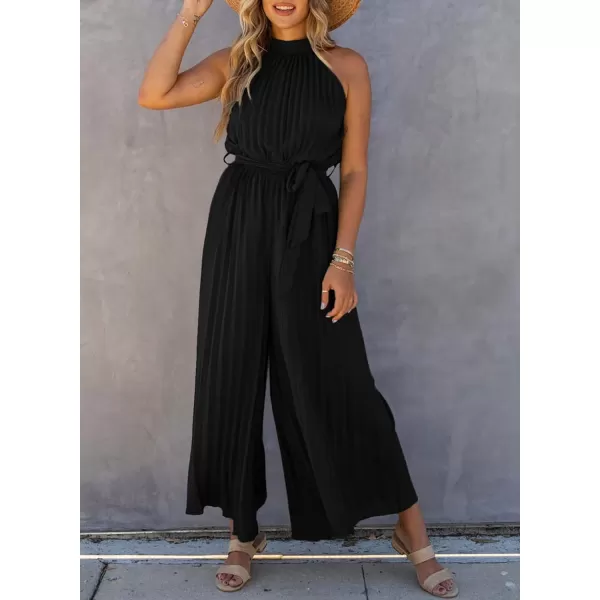 Happy Sailed Women's Jumpsuits Summer Sleeveless Halter Neck Wasit Belt Wide Leg Pants Romper Chiffon Jumpers Casual