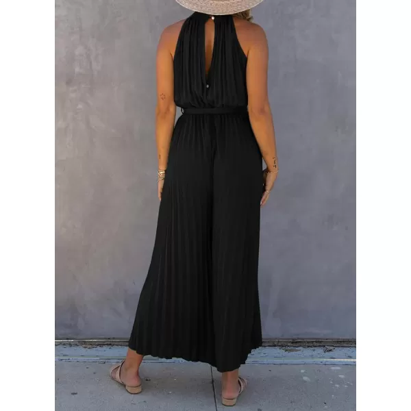 Happy Sailed Women's Jumpsuits Summer Sleeveless Halter Neck Wasit Belt Wide Leg Pants Romper Chiffon Jumpers Casual