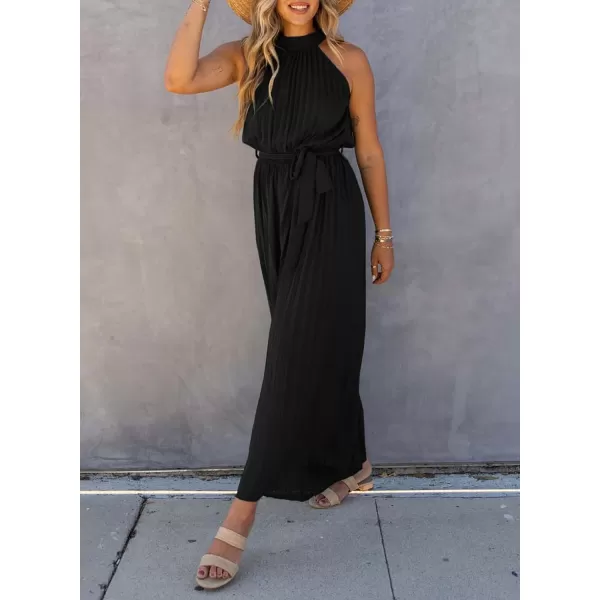 Happy Sailed Women's Jumpsuits Summer Sleeveless Halter Neck Wasit Belt Wide Leg Pants Romper Chiffon Jumpers Casual
