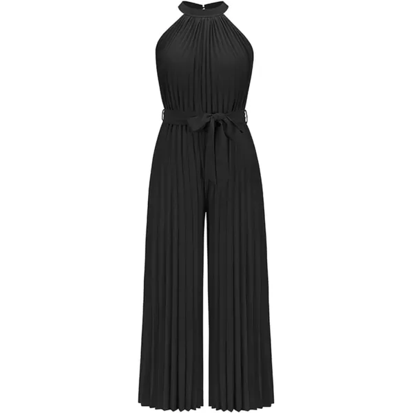 Happy Sailed Women's Jumpsuits Summer Sleeveless Halter Neck Wasit Belt Wide Leg Pants Romper Chiffon Jumpers Casual