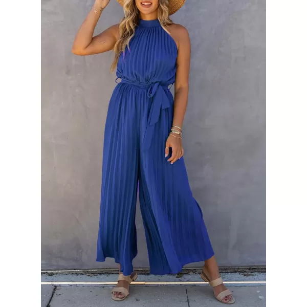 Happy Sailed Women's Jumpsuits Summer Sleeveless Halter Neck Wasit Belt Wide Leg Pants Romper Chiffon Jumpers Casual
