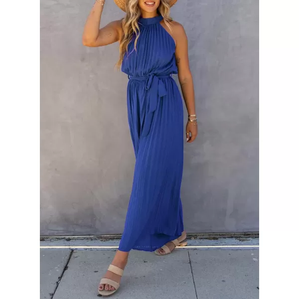 Happy Sailed Women's Jumpsuits Summer Sleeveless Halter Neck Wasit Belt Wide Leg Pants Romper Chiffon Jumpers Casual
