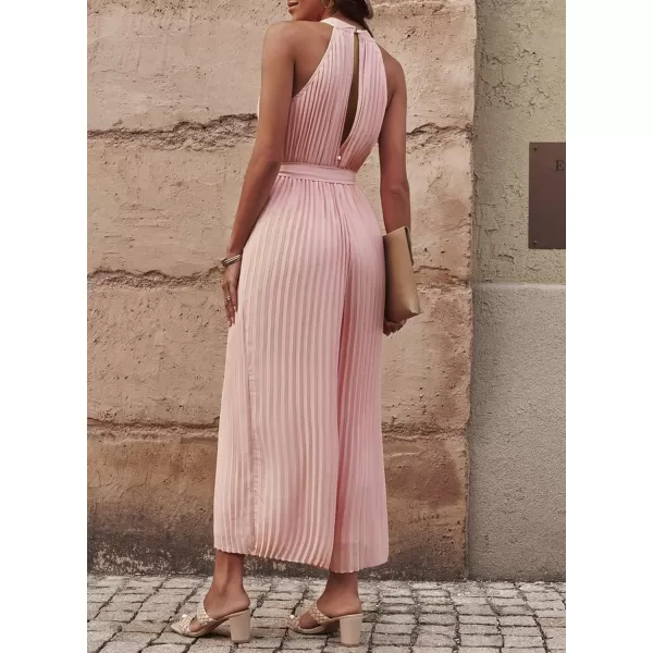 Happy Sailed Women's Jumpsuits Summer Sleeveless Halter Neck Wasit Belt Wide Leg Pants Romper Chiffon Jumpers Casual