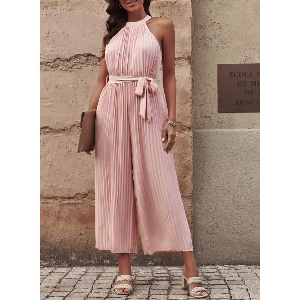 Happy Sailed Women's Jumpsuits Summer Sleeveless Halter Neck Wasit Belt Wide Leg Pants Romper Chiffon Jumpers Casual