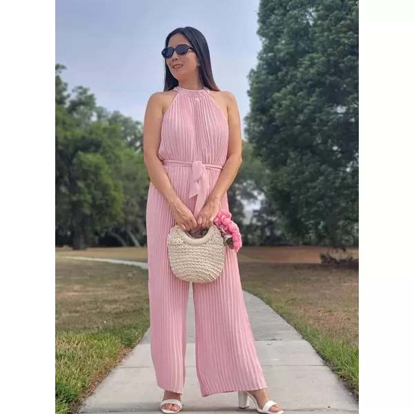 Happy Sailed Women's Jumpsuits Summer Sleeveless Halter Neck Wasit Belt Wide Leg Pants Romper Chiffon Jumpers Casual