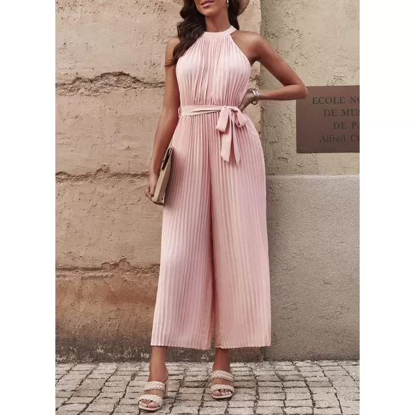 Happy Sailed Women's Jumpsuits Summer Sleeveless Halter Neck Wasit Belt Wide Leg Pants Romper Chiffon Jumpers Casual