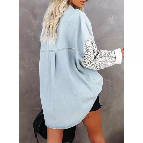 Happy Sailed Womens Leopard Contrast Denim Jackets Oversized Long Sleeve Button Down Jean Shacket Jacket S-2XL