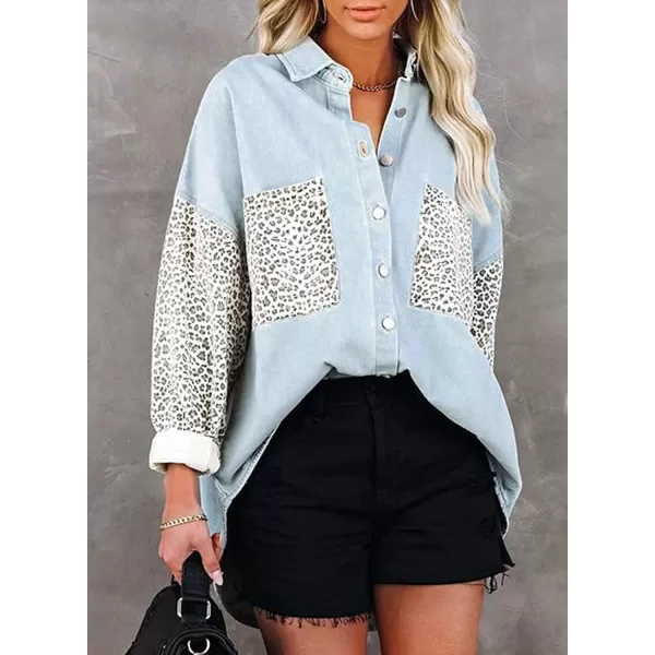 Happy Sailed Womens Leopard Contrast Denim Jackets Oversized Long Sleeve Button Down Jean Shacket Jacket S-2XL