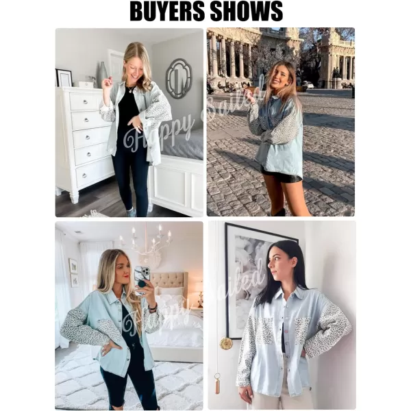 Happy Sailed Womens Leopard Contrast Denim Jackets Oversized Long Sleeve Button Down Jean Shacket Jacket S-2XL
