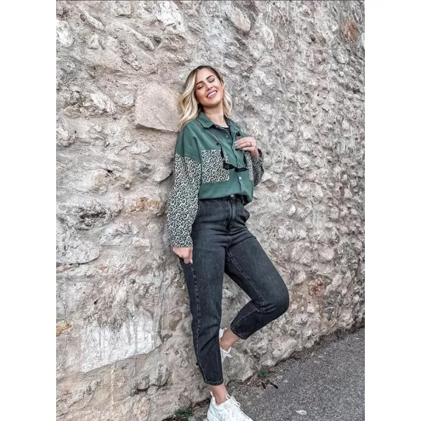 Happy Sailed Womens Leopard Contrast Denim Jackets Oversized Long Sleeve Button Down Jean Shacket Jacket S-2XL