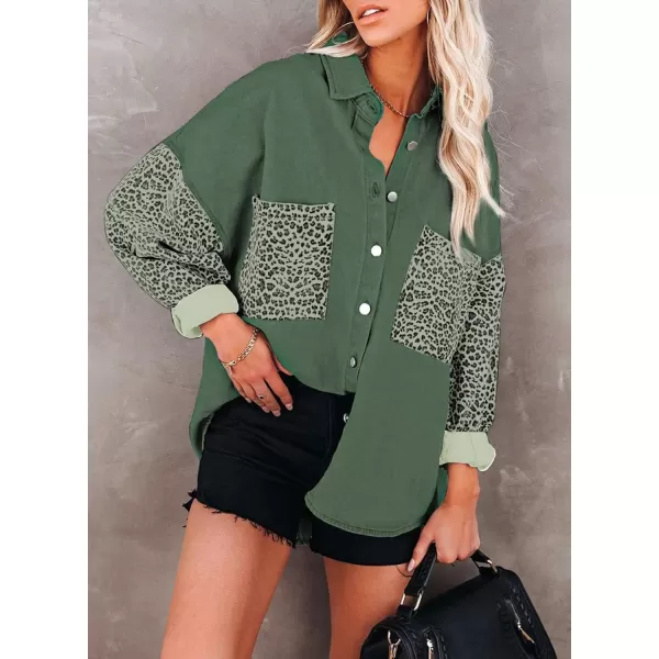 Happy Sailed Womens Leopard Contrast Denim Jackets Oversized Long Sleeve Button Down Jean Shacket Jacket S-2XL