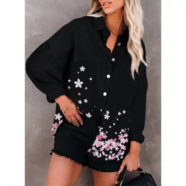 Happy Sailed Womens Leopard Contrast Denim Jackets Oversized Long Sleeve Button Down Jean Shacket Jacket S-2XL
