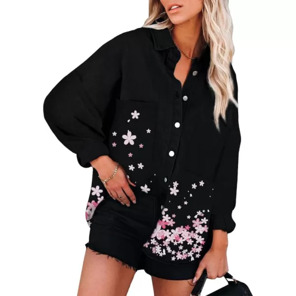 Happy Sailed Womens Leopard Contrast Denim Jackets Oversized Long Sleeve Button Down Jean Shacket Jacket S-2XL