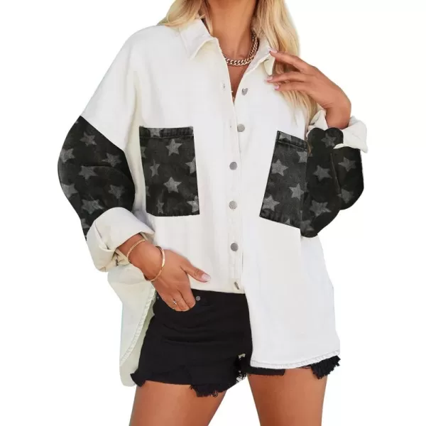 Happy Sailed Womens Leopard Contrast Denim Jackets Oversized Long Sleeve Button Down Jean Shacket Jacket S-2XL