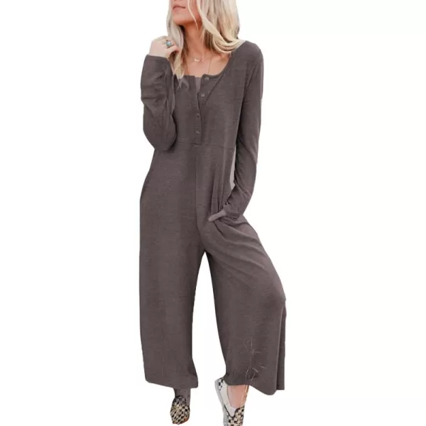 Happy Sailed Women's Long Sleeve Waffle Knit Jumpsuits Front Button Wide Leg Long Pants Romper Overalls with Pockets