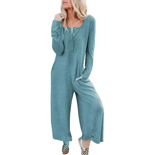 Happy Sailed Women's Long Sleeve Waffle Knit Jumpsuits Front Button Wide Leg Long Pants Romper Overalls with Pockets