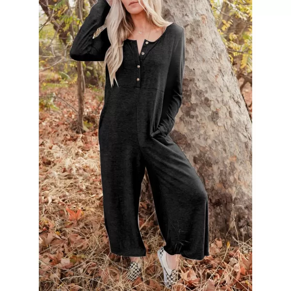 Happy Sailed Women's Long Sleeve Waffle Knit Jumpsuits Front Button Wide Leg Long Pants Romper Overalls with Pockets