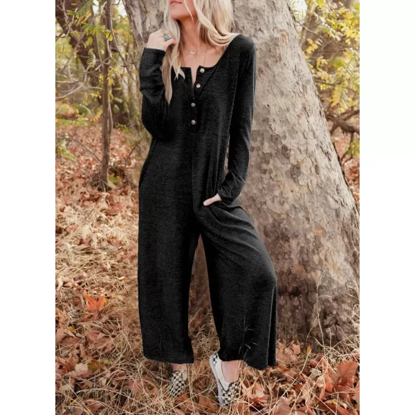 Happy Sailed Women's Long Sleeve Waffle Knit Jumpsuits Front Button Wide Leg Long Pants Romper Overalls with Pockets