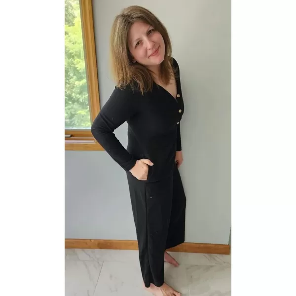 Happy Sailed Women's Long Sleeve Waffle Knit Jumpsuits Front Button Wide Leg Long Pants Romper Overalls with Pockets