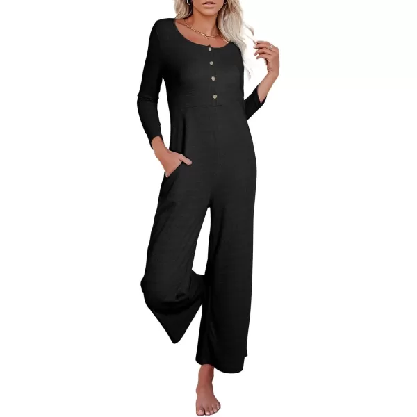 Happy Sailed Women's Long Sleeve Waffle Knit Jumpsuits Front Button Wide Leg Long Pants Romper Overalls with Pockets