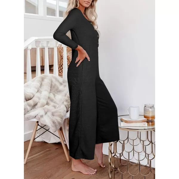 Happy Sailed Women's Long Sleeve Waffle Knit Jumpsuits Front Button Wide Leg Long Pants Romper Overalls with Pockets