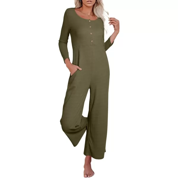 Happy Sailed Women's Long Sleeve Waffle Knit Jumpsuits Front Button Wide Leg Long Pants Romper Overalls with Pockets