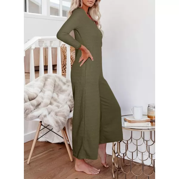 Happy Sailed Women's Long Sleeve Waffle Knit Jumpsuits Front Button Wide Leg Long Pants Romper Overalls with Pockets
