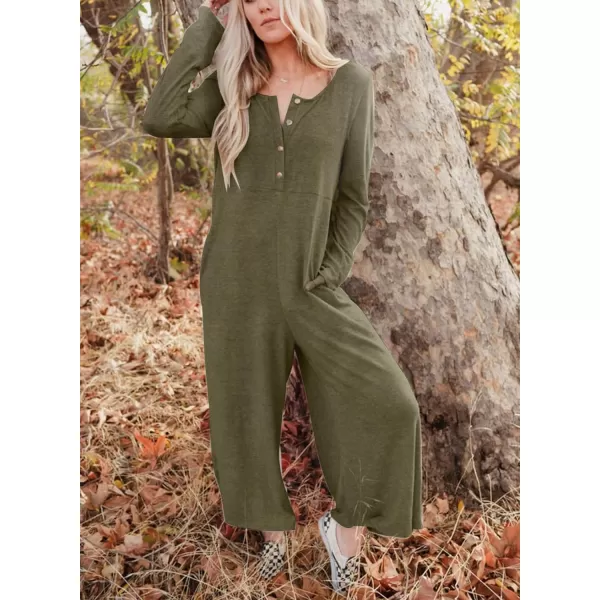 Happy Sailed Women's Long Sleeve Waffle Knit Jumpsuits Front Button Wide Leg Long Pants Romper Overalls with Pockets