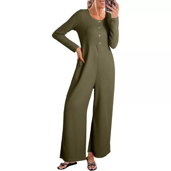 Happy Sailed Women's Long Sleeve Waffle Knit Jumpsuits Front Button Wide Leg Long Pants Romper Overalls with Pockets