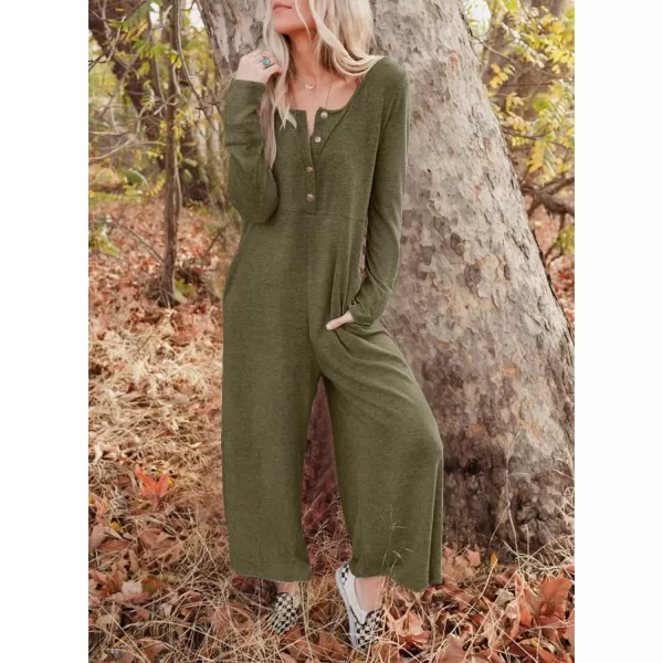 Happy Sailed Women's Long Sleeve Waffle Knit Jumpsuits Front Button Wide Leg Long Pants Romper Overalls with Pockets