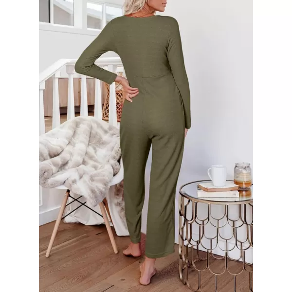 Happy Sailed Women's Long Sleeve Waffle Knit Jumpsuits Front Button Wide Leg Long Pants Romper Overalls with Pockets