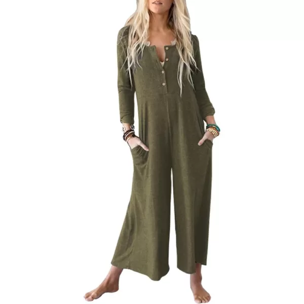 Happy Sailed Women's Long Sleeve Waffle Knit Jumpsuits Front Button Wide Leg Long Pants Romper Overalls with Pockets